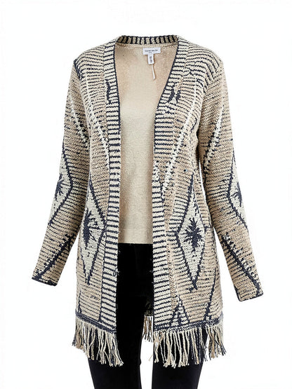 Style and Co Jacquard Knit Fringed-Hem Long Cardigan, Size Small