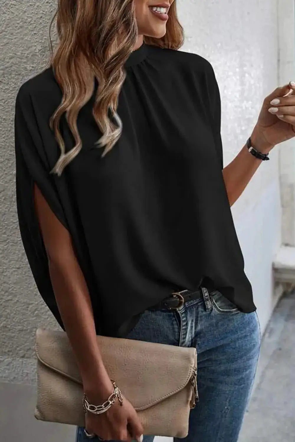 Tie Back Slit Half Sleeve Blouse by Trendsi