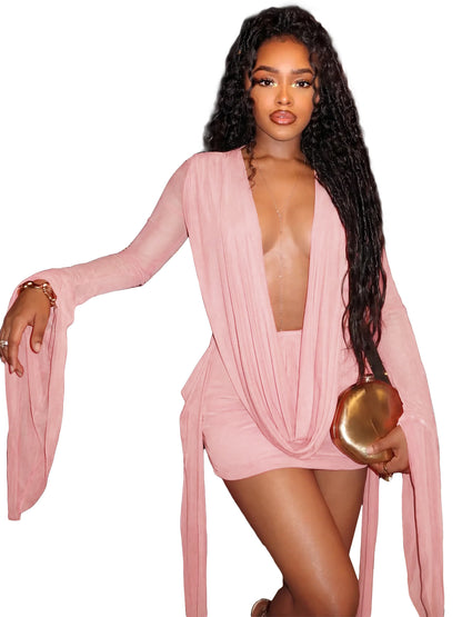 Mesh Deep V-Neck Open Back Bodycon Dress