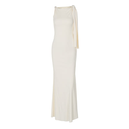 Elegant Sleeveless A-Line Dress with Shoulder Ribbon