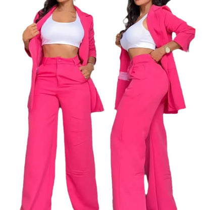 Elegant Solid Color Split Sleeve Lapel Blazer Straight Pants Suit