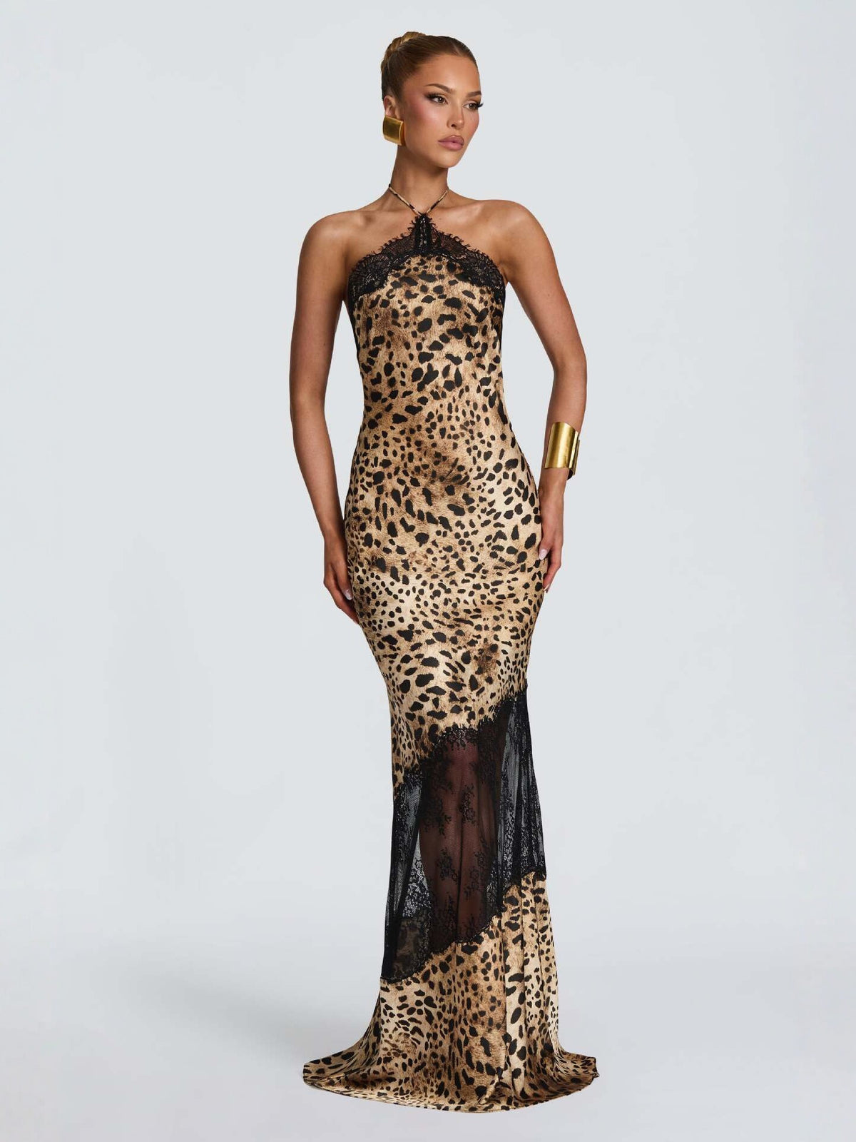 Leopard Print Stitching Lace Deep V Strap Fishtail Dress