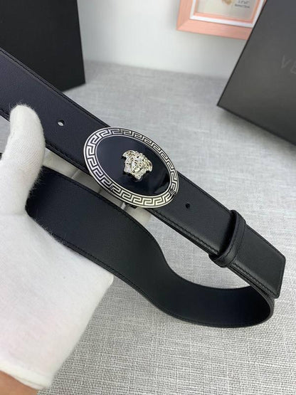 Versace Black Leather Vitello Belt Silver Medallion Buckle