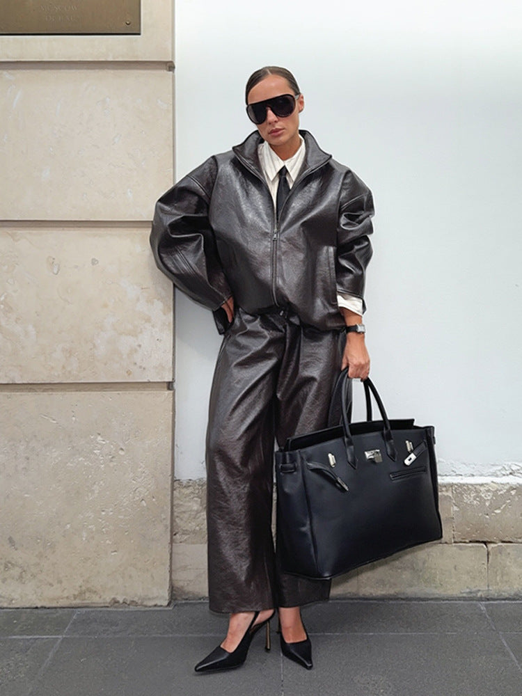 PU Leather Jacket and Skirt Set