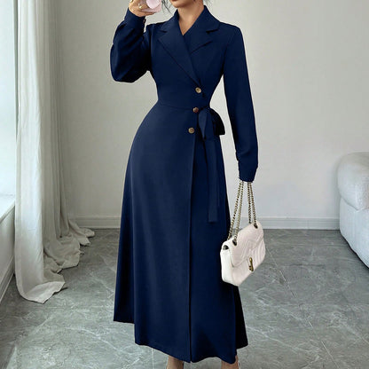 Womens Suit Collar Long Sleeve Waist Tie Dress