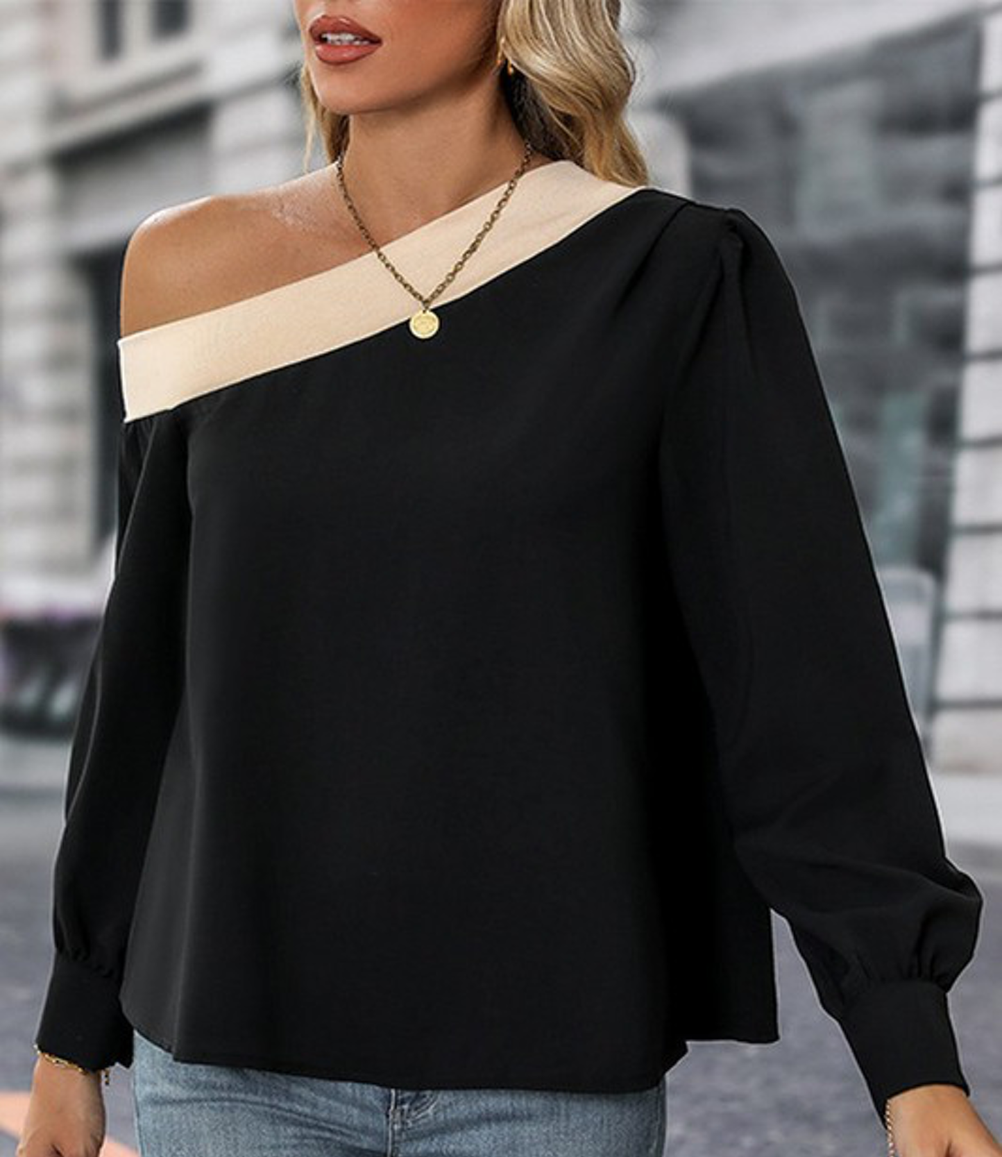 Color Blocked Off Shoulder Blouse - Black