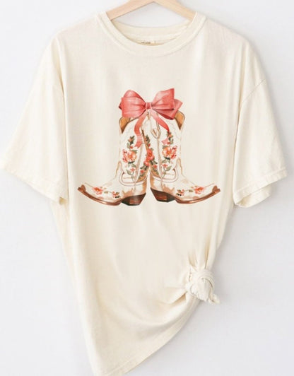 Coquette Bow &amp; Floral Boot Colors Tee - Ivory
