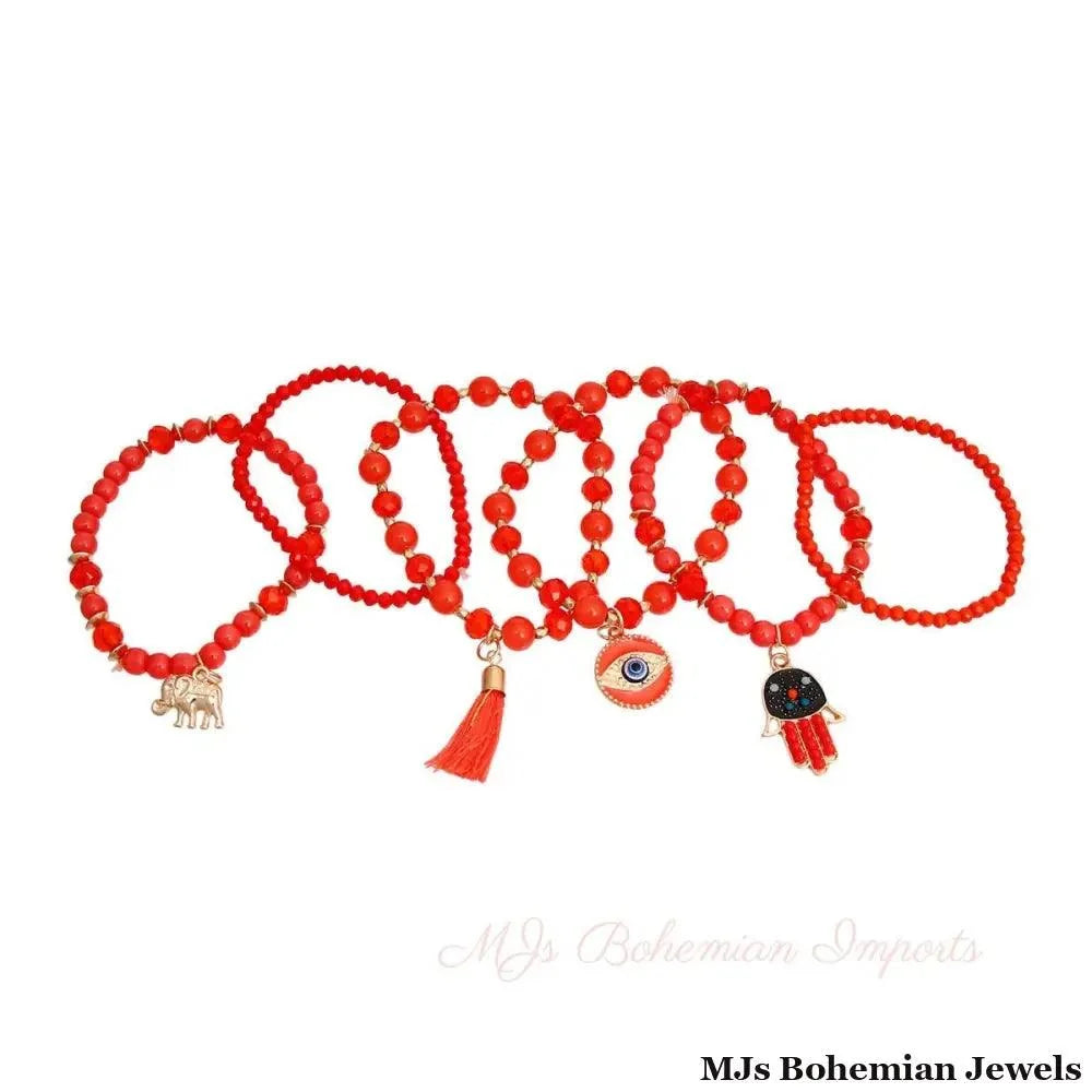 Coral Hamsa 6 Pcs Bracelets