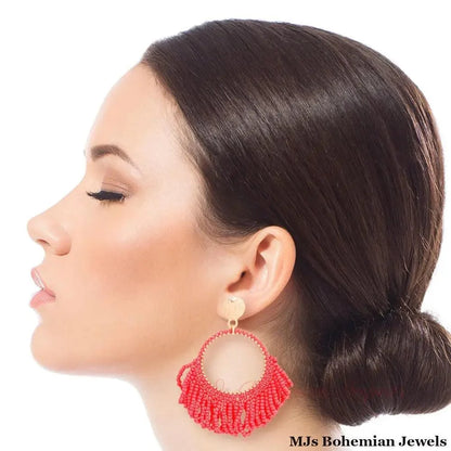 Coral Seed Bead Draped Earrings