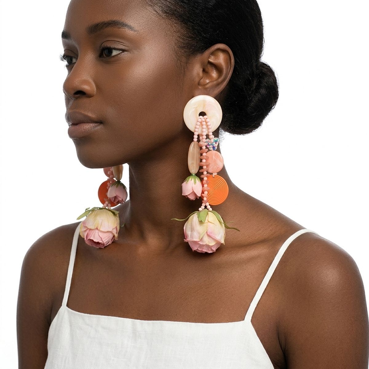 Pink &amp; Peach Oversized Tropical Garden Drop Earrings