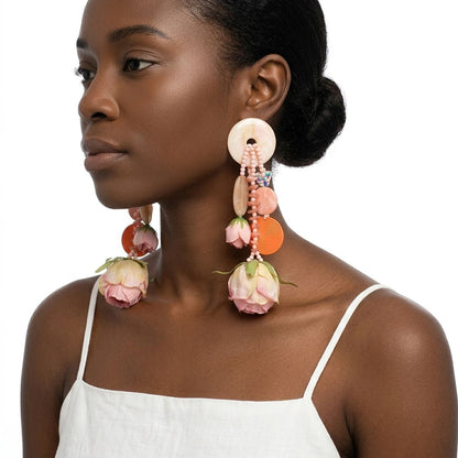 Pink &amp; Peach Oversized Tropical Garden Drop Earrings