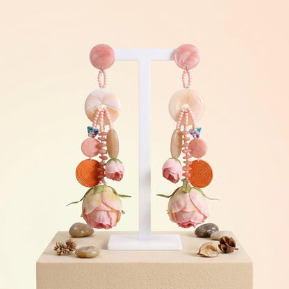 Pink &amp; Peach Oversized Tropical Garden Drop Earrings