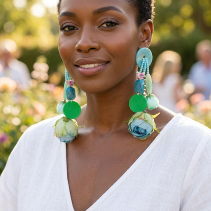 Turquoise &amp; Brown Oversized Tropical Garden Drop Earrings