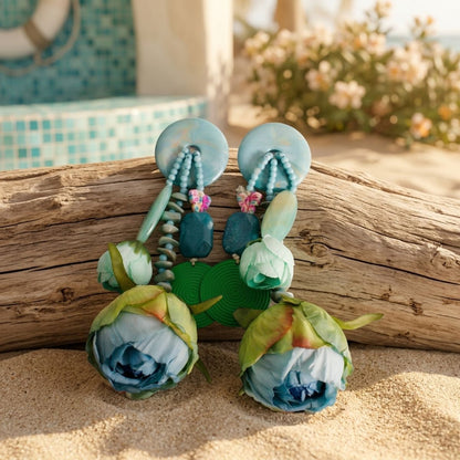 Turquoise &amp; Brown Oversized Tropical Garden Drop Earrings