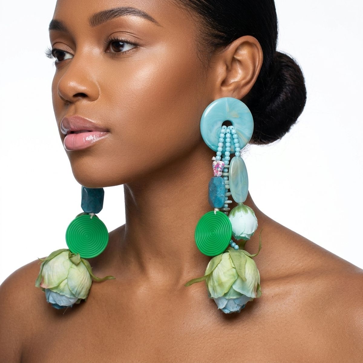 Turquoise &amp; Brown Oversized Tropical Garden Drop Earrings