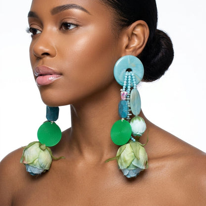 Turquoise &amp; Brown Oversized Tropical Garden Drop Earrings