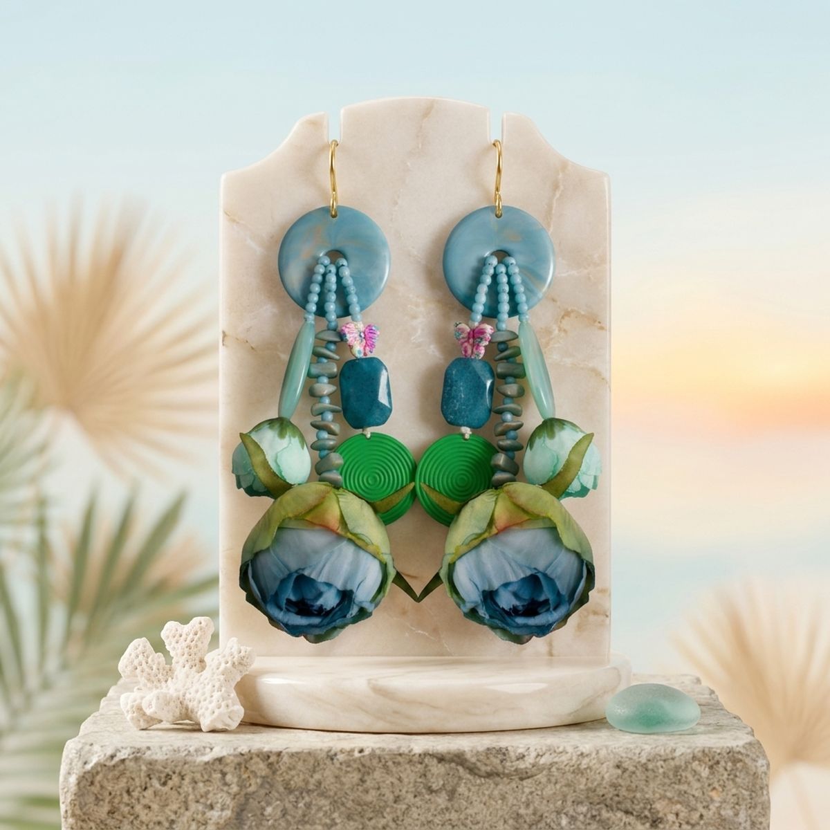 Turquoise &amp; Brown Oversized Tropical Garden Drop Earrings