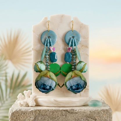 Turquoise &amp; Brown Oversized Tropical Garden Drop Earrings