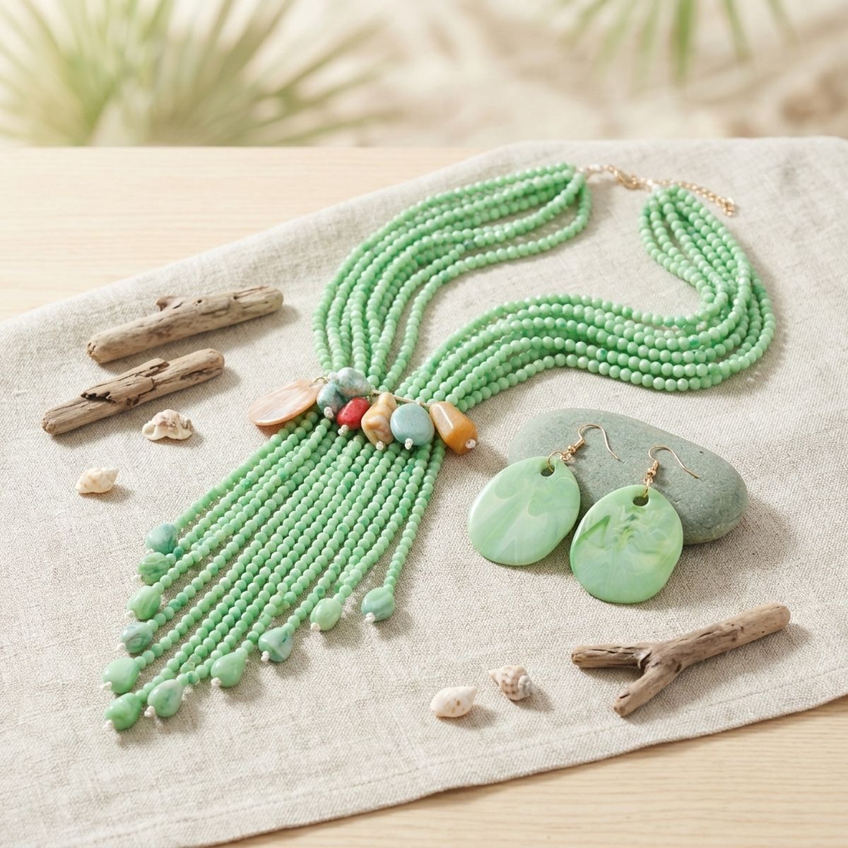 Marbled Green Resin Bead Tassel Y Necklace &amp; Earring Set