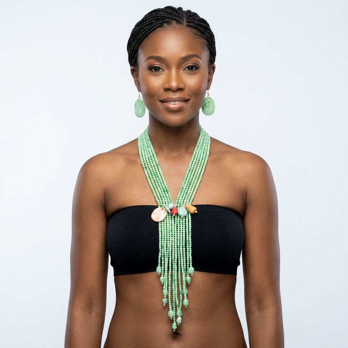 Marbled Green Resin Bead Tassel Y Necklace &amp; Earring Set