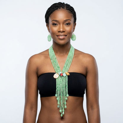 Marbled Green Resin Bead Tassel Y Necklace &amp; Earring Set