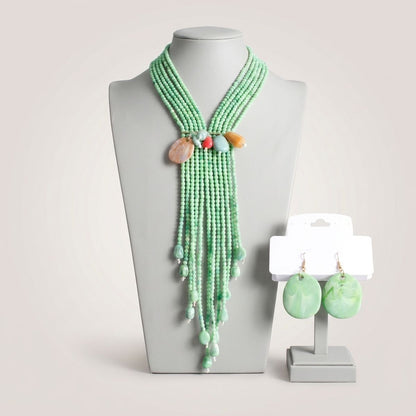 Marbled Green Resin Bead Tassel Y Necklace &amp; Earring Set