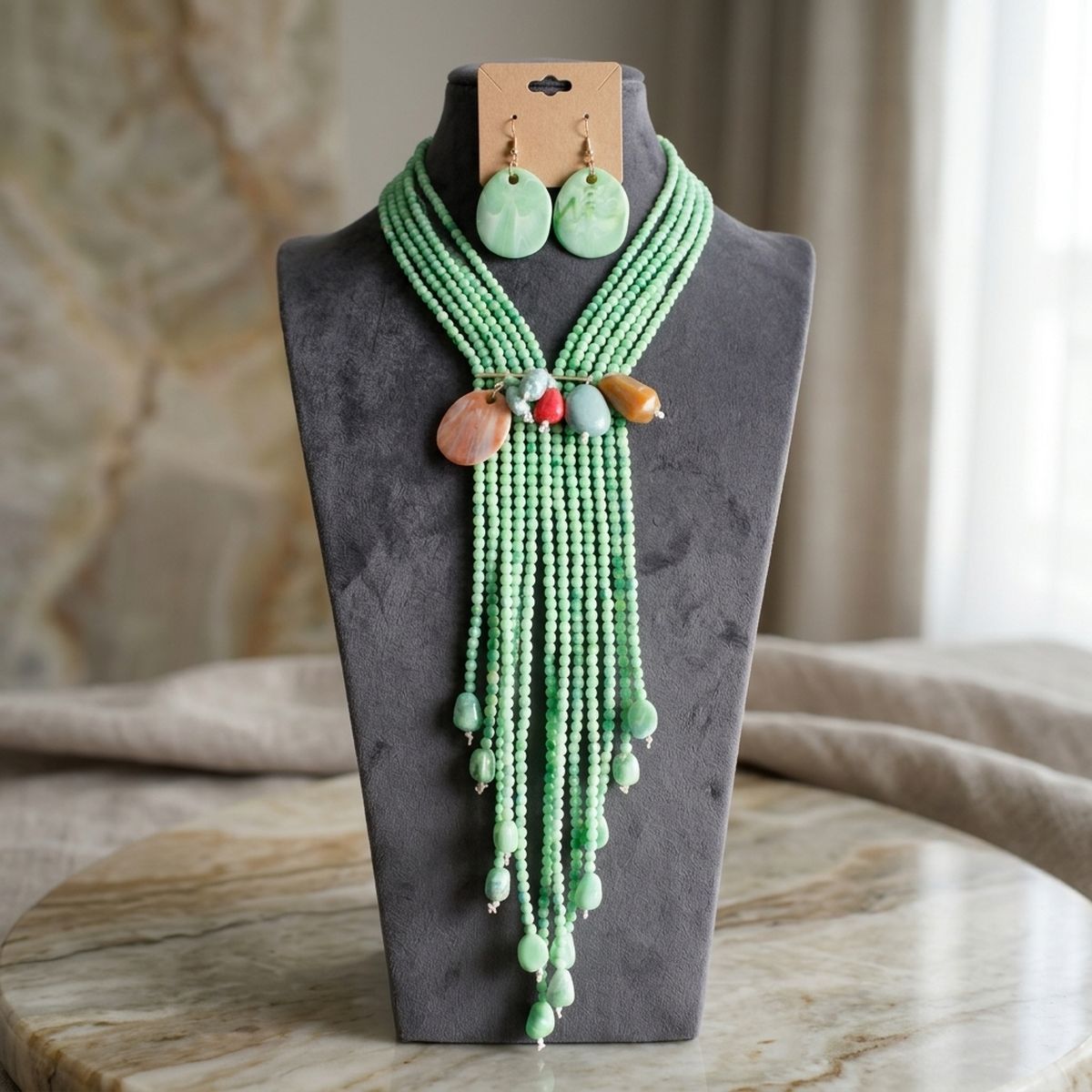 Marbled Green Resin Bead Tassel Y Necklace &amp; Earring Set