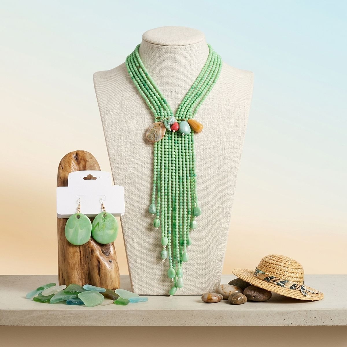 Marbled Green Resin Bead Tassel Y Necklace &amp; Earring Set
