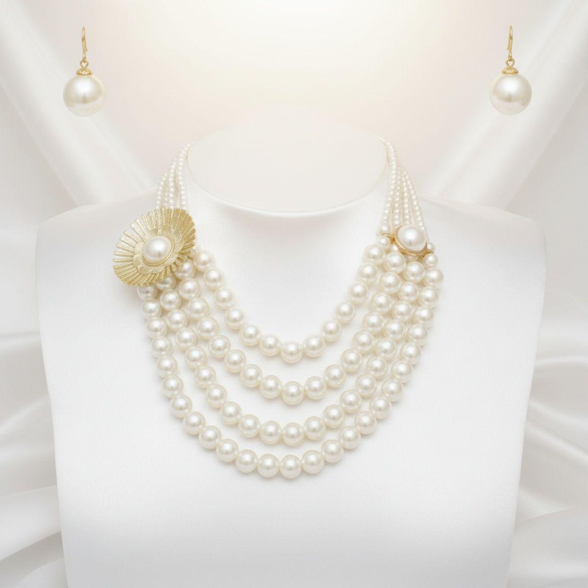 Cream Pearl Floral Detail 4 Layer Chunky Necklace
