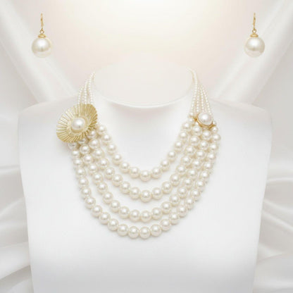 Cream Pearl Floral Detail 4 Layer Chunky Necklace