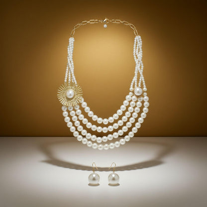 Cream Pearl Floral Detail 4 Layer Chunky Necklace
