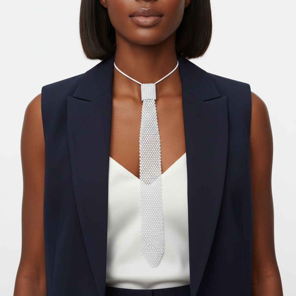 Choker Boss Lady White Mesh Bling Tie Necklace