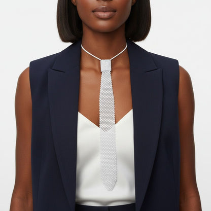 Choker Boss Lady White Mesh Bling Tie Necklace