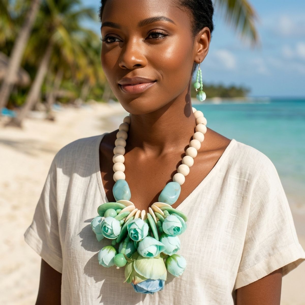 Mint Green Floral Garden Wood Bead Bib Necklace &amp; Earring Set