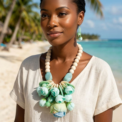 Mint Green Floral Garden Wood Bead Bib Necklace &amp; Earring Set