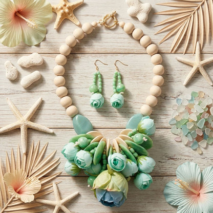 Mint Green Floral Garden Wood Bead Bib Necklace &amp; Earring Set