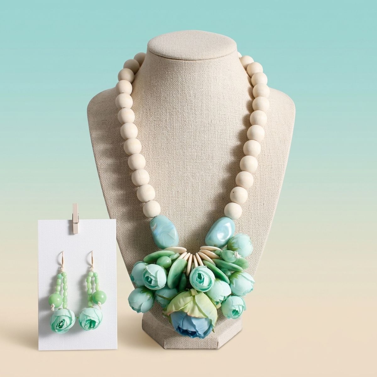 Mint Green Floral Garden Wood Bead Bib Necklace &amp; Earring Set