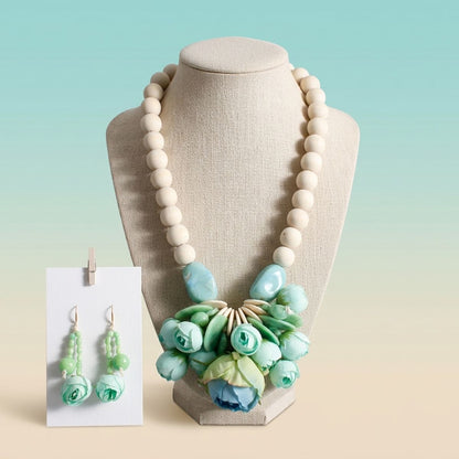 Mint Green Floral Garden Wood Bead Bib Necklace &amp; Earring Set