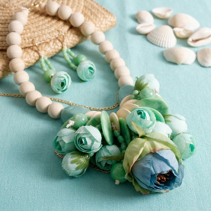 Mint Green Floral Garden Wood Bead Bib Necklace &amp; Earring Set