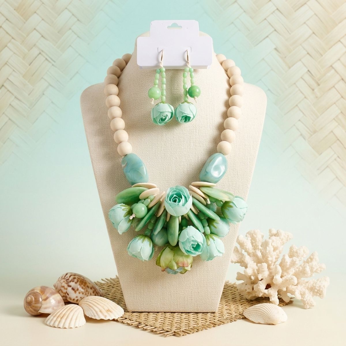 Mint Green Floral Garden Wood Bead Bib Necklace &amp; Earring Set