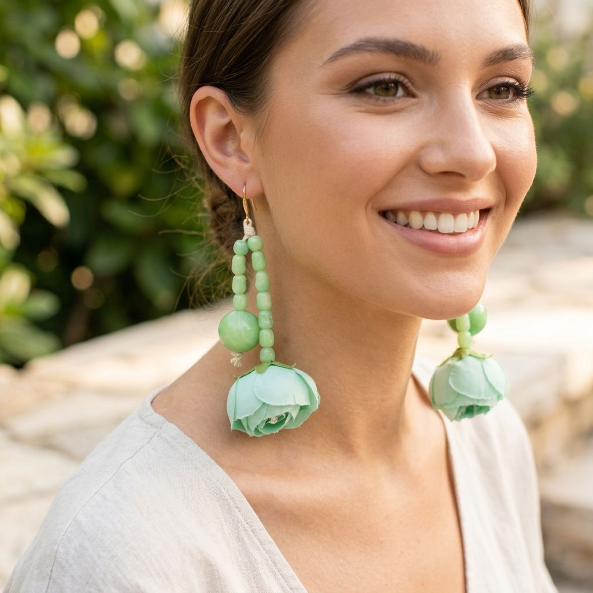 Mint Green Floral Garden Wood Bead Bib Necklace &amp; Earring Set