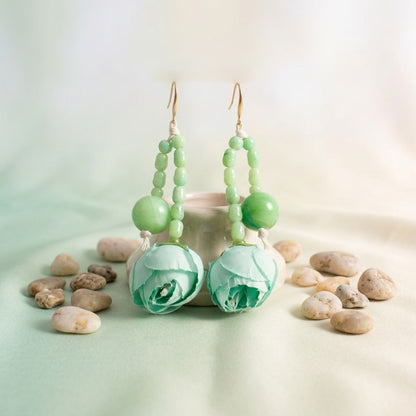 Mint Green Floral Garden Wood Bead Bib Necklace &amp; Earring Set