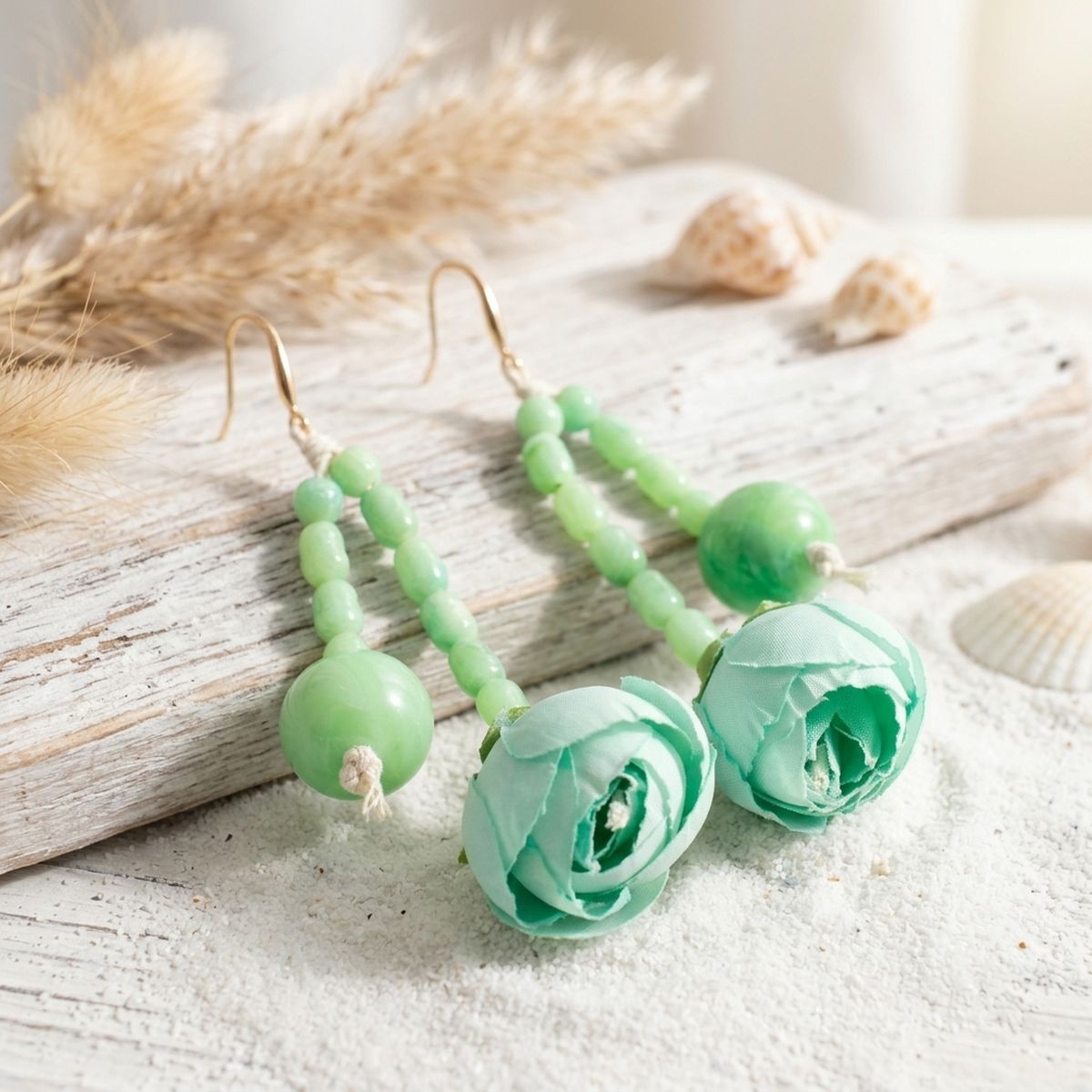 Mint Green Floral Garden Wood Bead Bib Necklace &amp; Earring Set