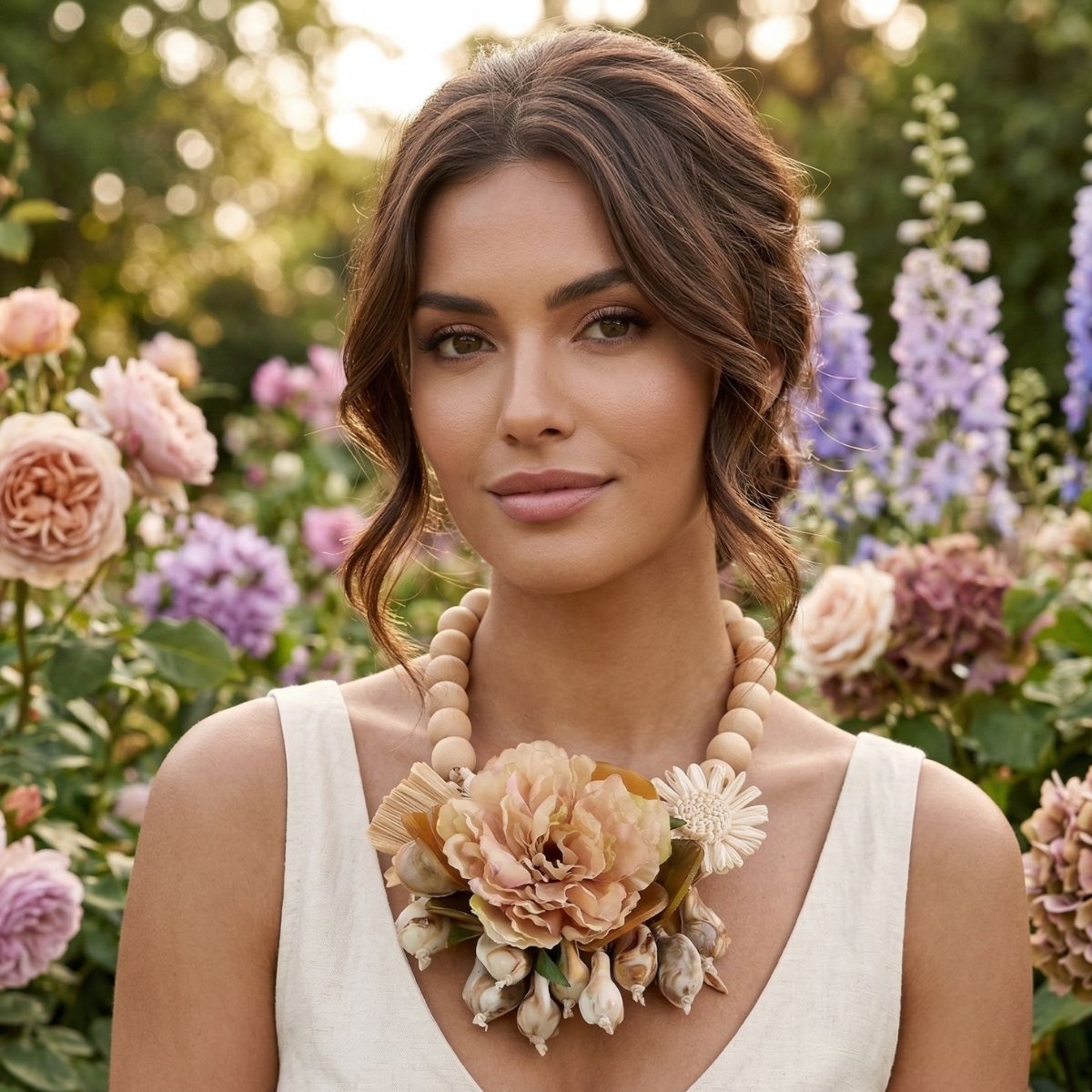Cream Wood Bead Floral Garden Bib Statement Necklace &amp; Earring Set