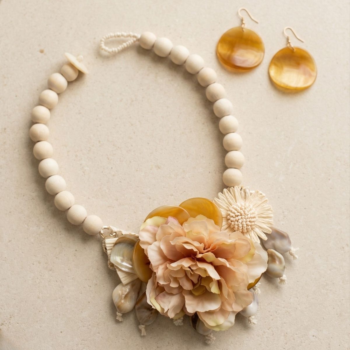 Cream Wood Bead Floral Garden Bib Statement Necklace &amp; Earring Set