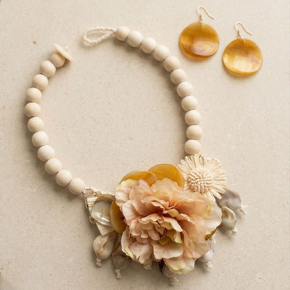 Cream Wood Bead Floral Garden Bib Statement Necklace &amp; Earring Set
