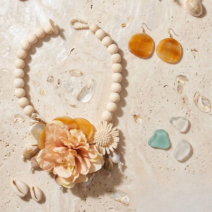 Cream Wood Bead Floral Garden Bib Statement Necklace &amp; Earring Set