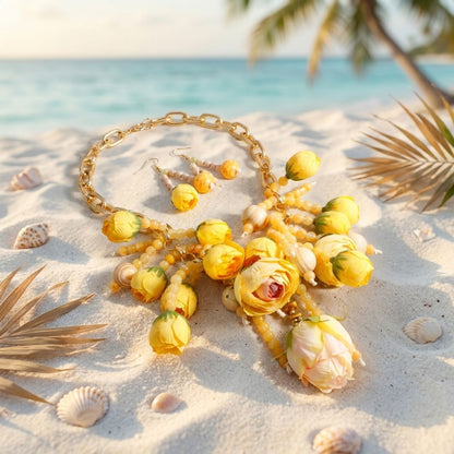 Yellow Floral Garden Fringe Tassel Bib Necklace &amp; Earring Set