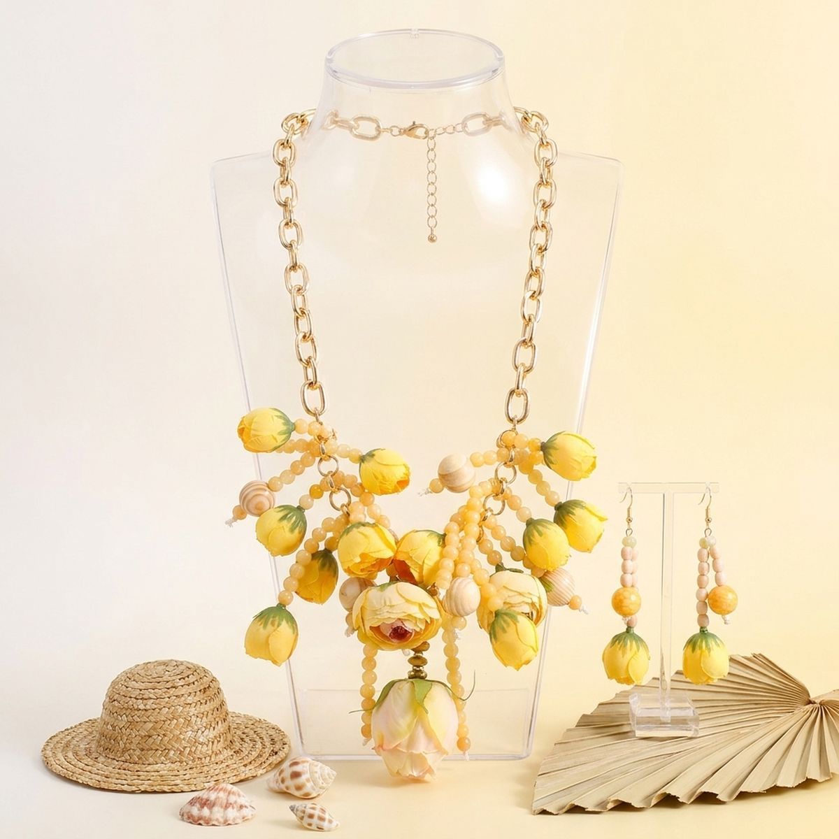 Yellow Floral Garden Fringe Tassel Bib Necklace &amp; Earring Set