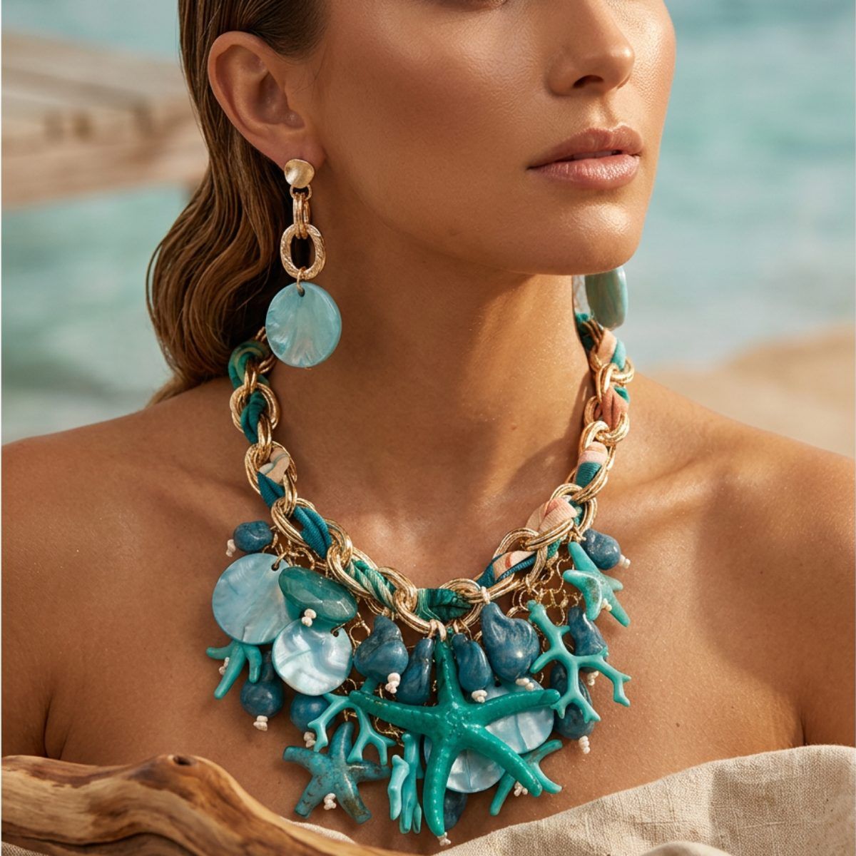 Turquoise Coral Starfish Bib Necklace Set